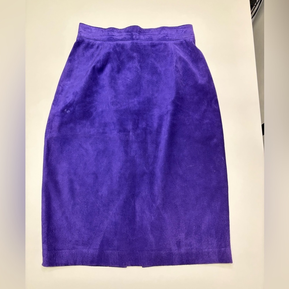 Vintage 80s Purple Suede Leather Pencil Skirt High Waist Slit Statement Size 8 - Picture 3 of 10